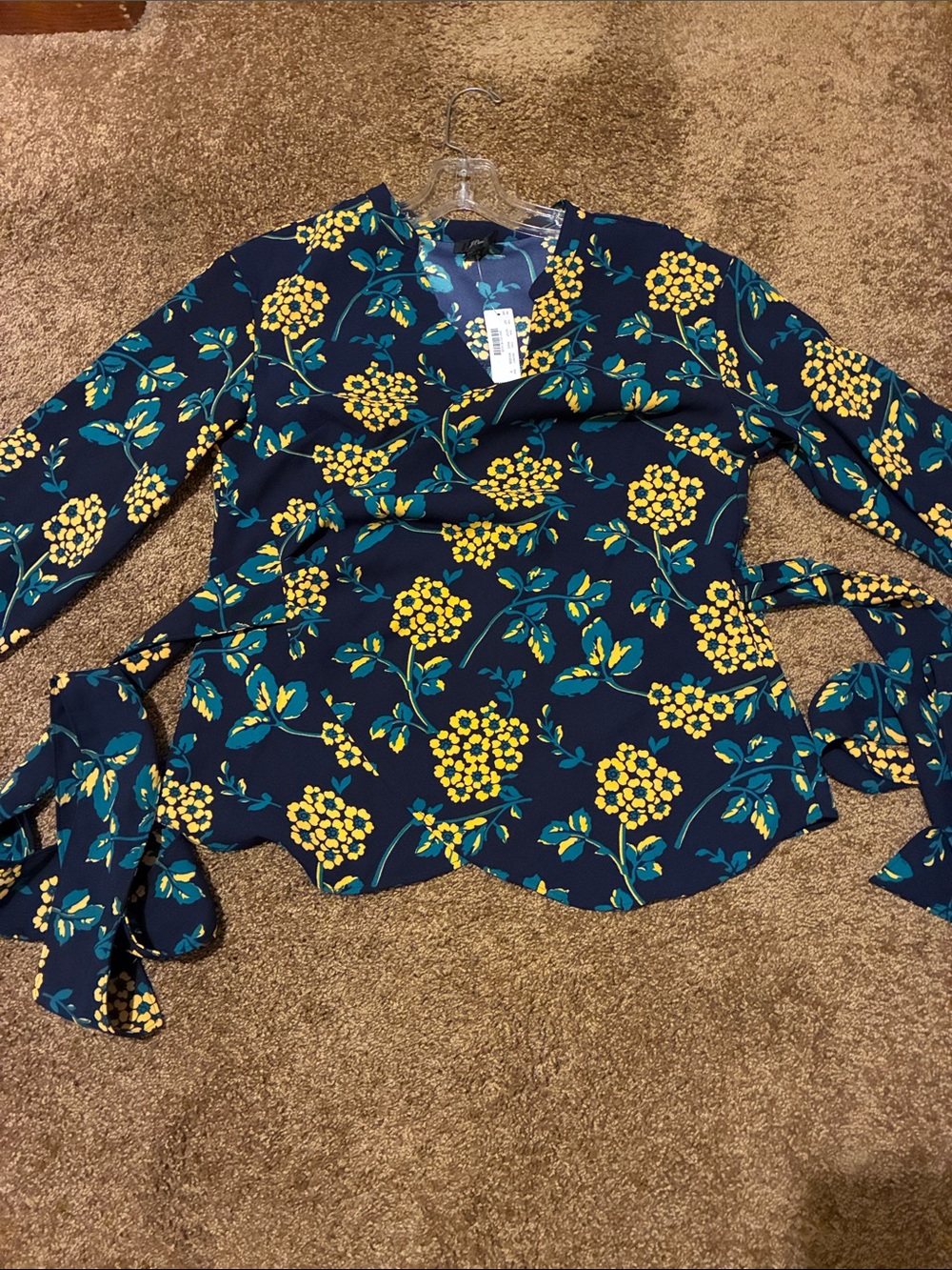 J. CREW Navy Floral Wrap Blouse with Yellow Blooms.Size S. It will fit M.  NWT